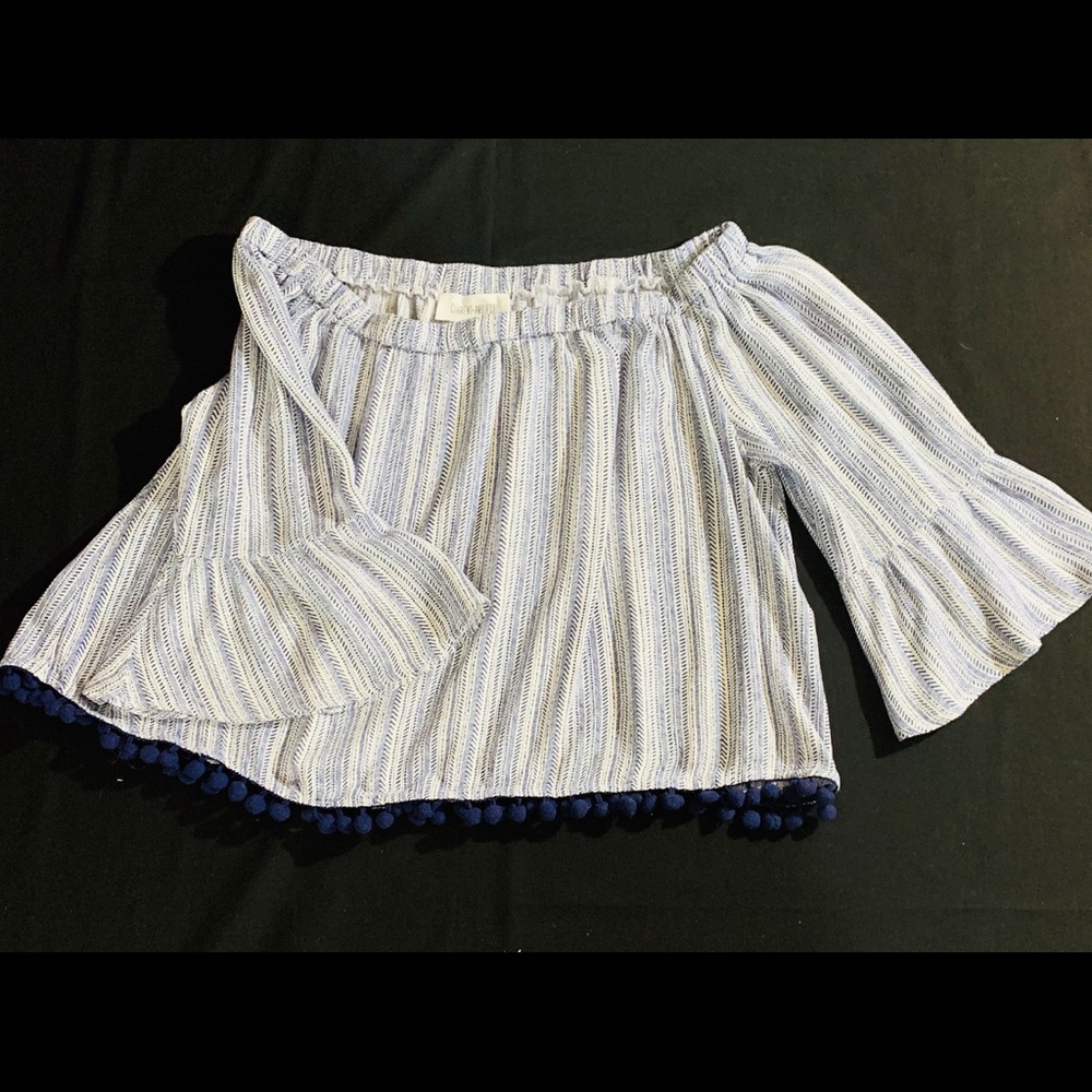 Off shoulder navy & white top with pom-pom trim